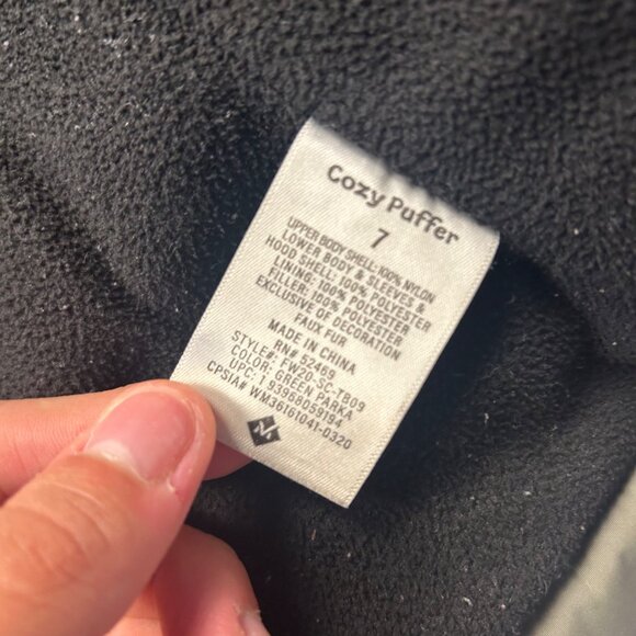 Cozy Puffer Youth Jacket Size 7 With Fur Hood Olive Green & Black - Picture 8 of 12